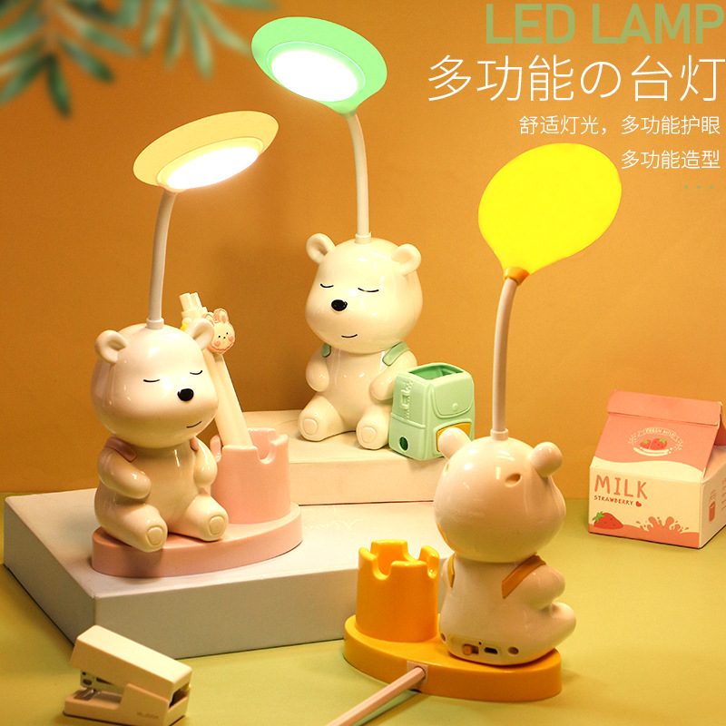 new cartoon bear pen holder backpack penknife table lamp creative cute funny desktop children eye protection led small table lamp