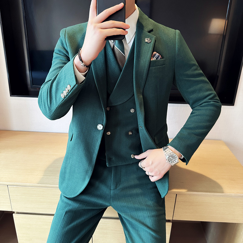 秋冬男士时尚宽条纹毛呢西服三件套男式结婚礼服司仪主持西装套装