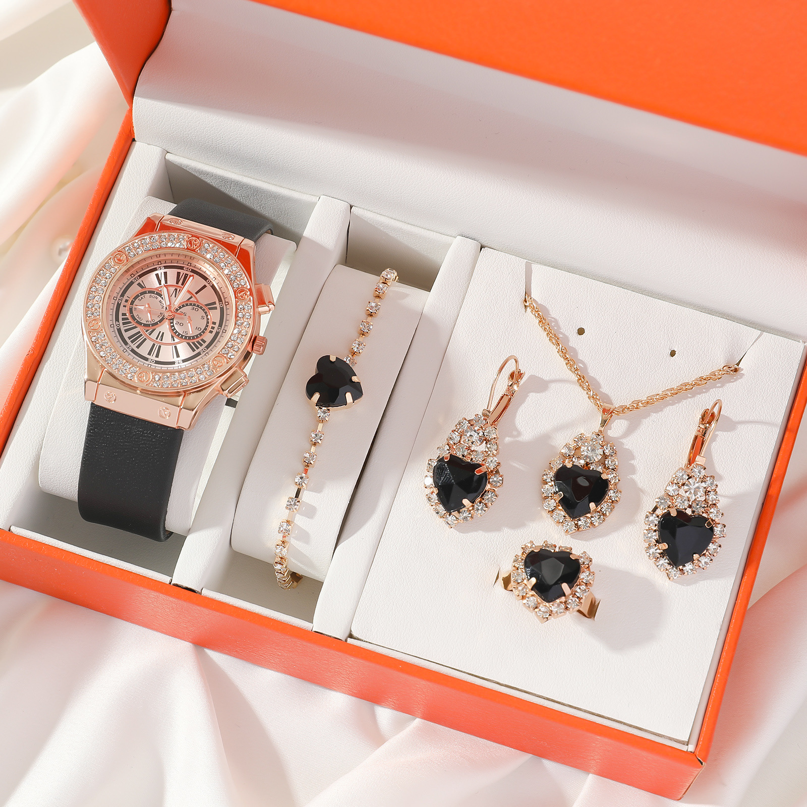 5pcs/Set Advanced Light Luxury Diamond Belt Quartz Watch Love Gem Necklace Ornament Set