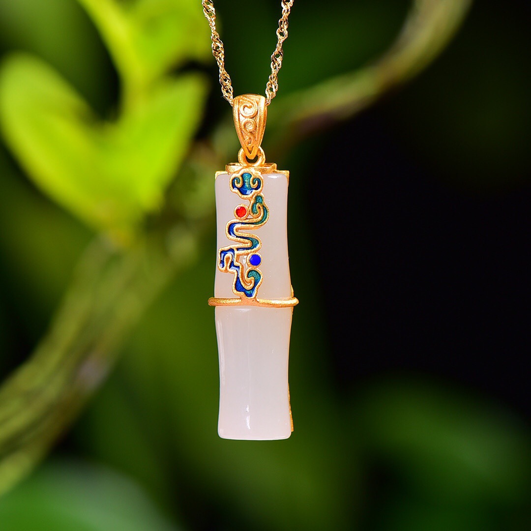 s925银镶和田玉琳琅竹节吊坠银镀金镶玉节节高个性男女款挂坠项链