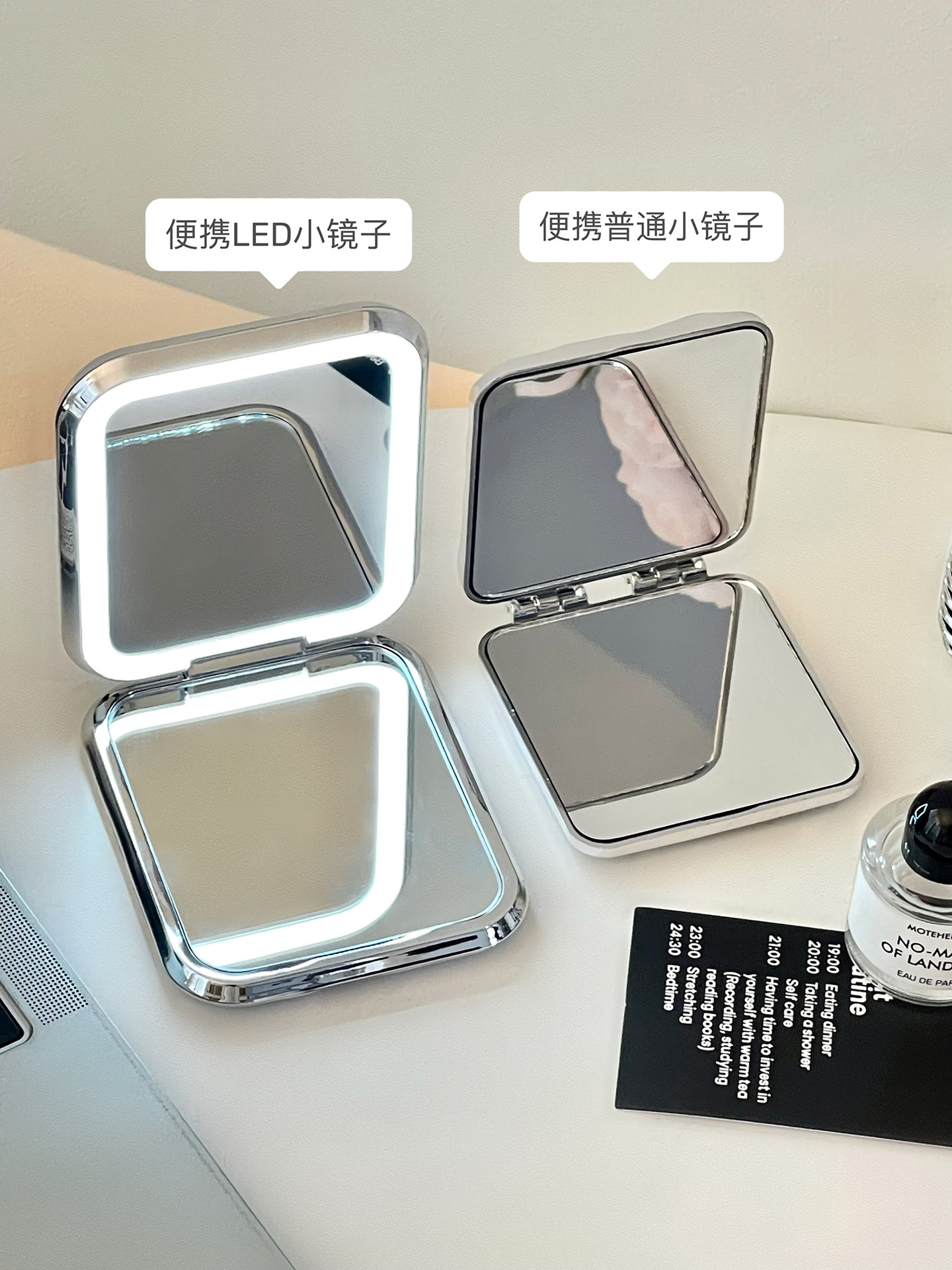 m^led手持化妆镜带灯随身镜女生便携式小镜子可放大桌面迷你折叠