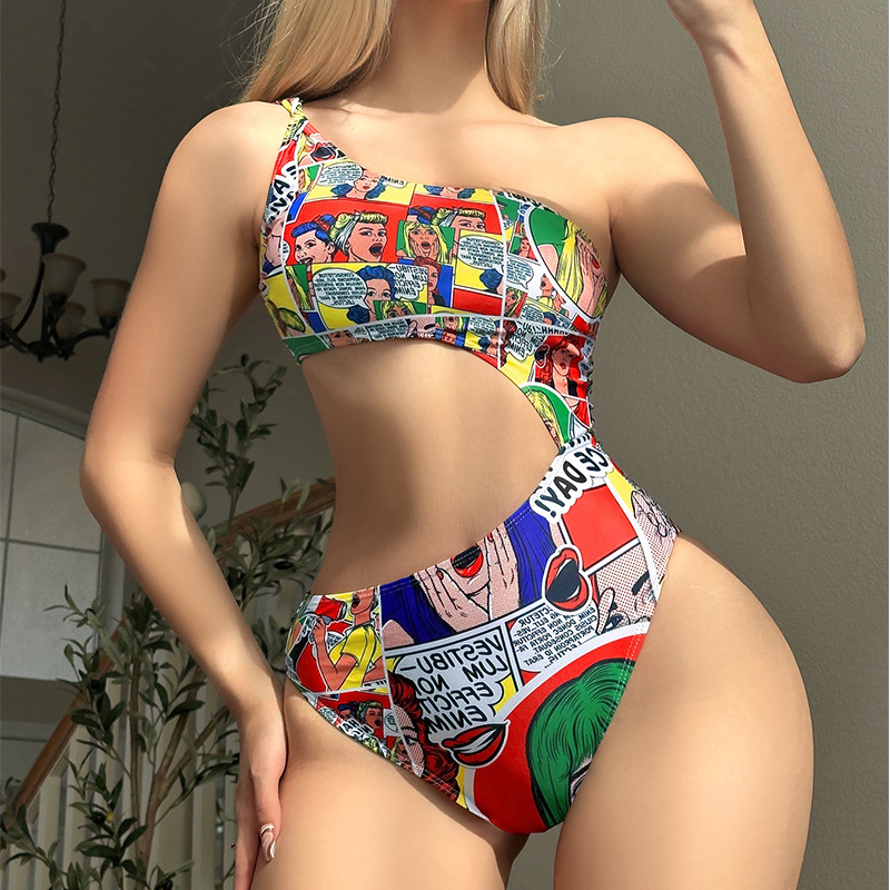 2024 New AliExpress European and American Printed One-Piece Swimsuit Women's One-Shoulder Navel Beach Bikini Hot Spring Swimsuit