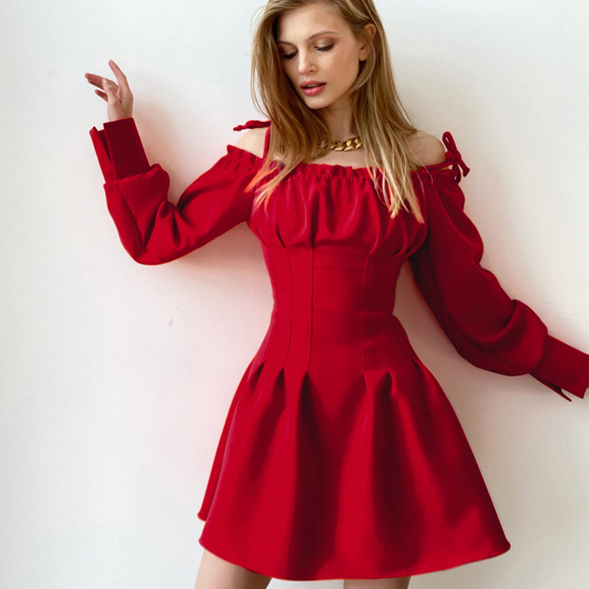 2022春季欧美短裙性感一字肩气质新年红色礼服设计感收腰连衣裙女