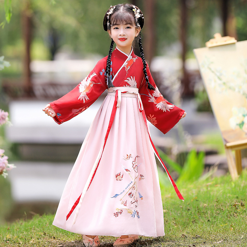 童装女童汉服宝宝新款中国风长袖古装超仙襦裙儿童唐装表演连衣裙