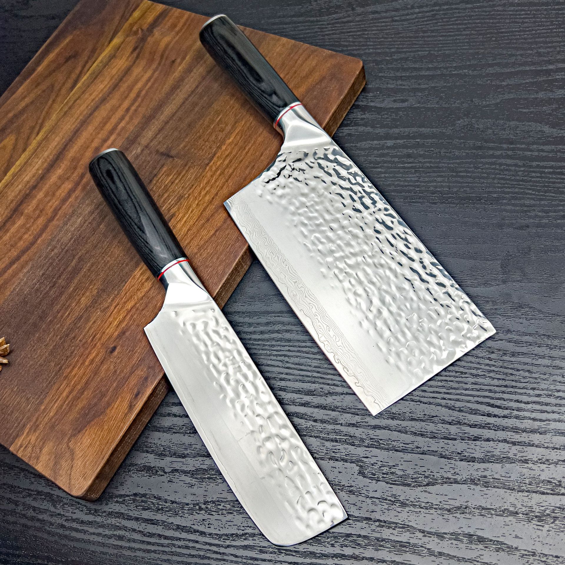 大马士革菜刀锻打锤纹钢头菜刀小菜刀黑彩木柄切片刀厨房刀具菜刀