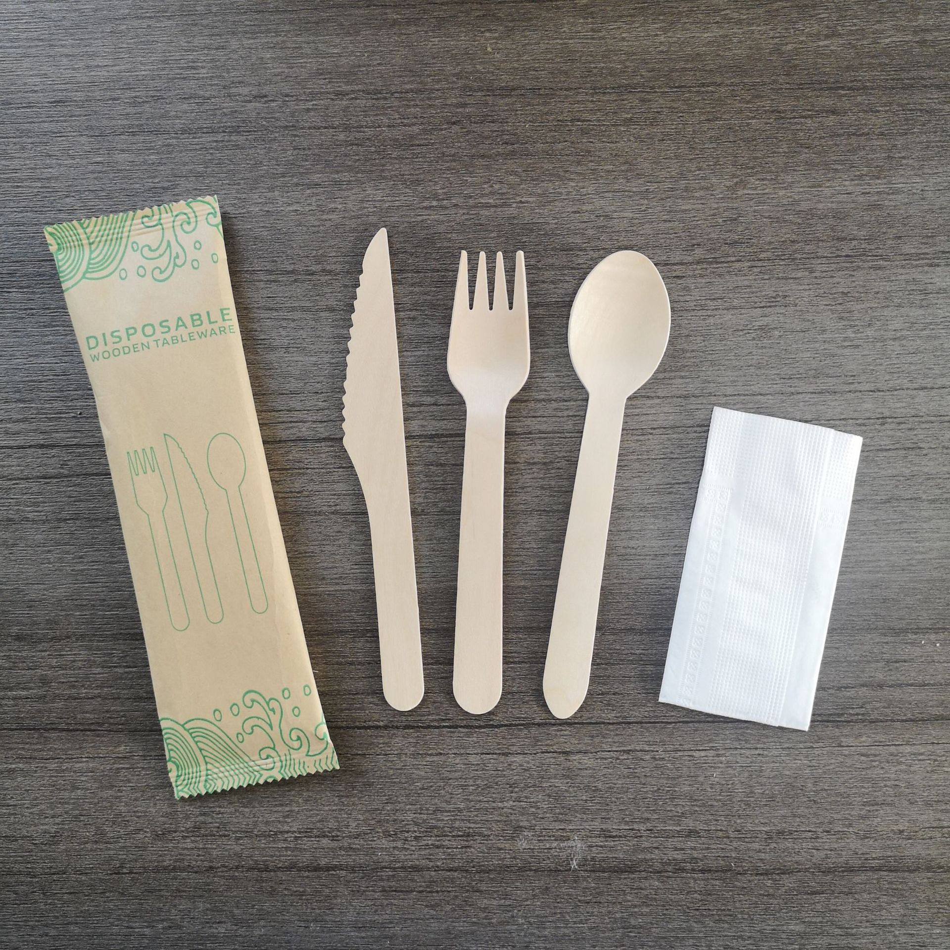 一次性木餐具套装 刀叉勺纸巾套装 四件套 牛皮纸餐具包