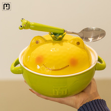 杰航青蛙陶瓷泡面碗日式双耳大号汤碗带盖大容量学生宿舍家用吃饭