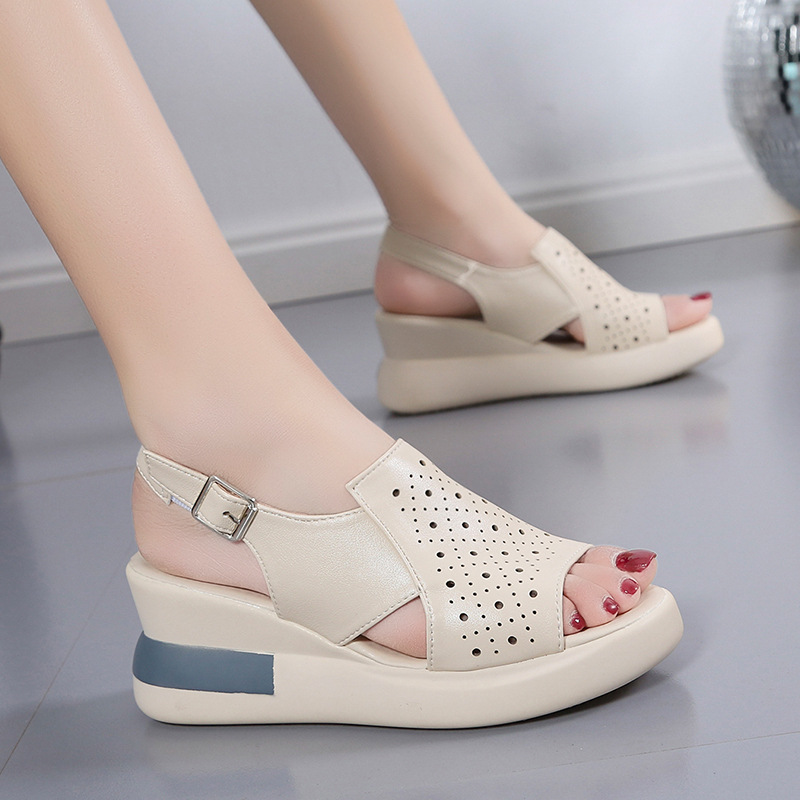 坡跟凉鞋女夏新款欧洲站休闲ins高跟镂空后绊带鱼嘴凉鞋沙滩鞋