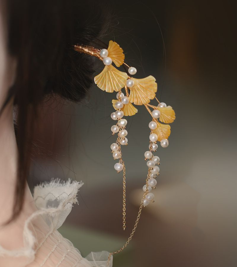 银杏叶饰品发簪简约时尚 珍珠头饰流苏 旗袍配饰中国风丸子头发饰