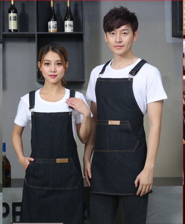 牛仔围裙黑色挂肩膀奶茶店员工均可可印logo均码