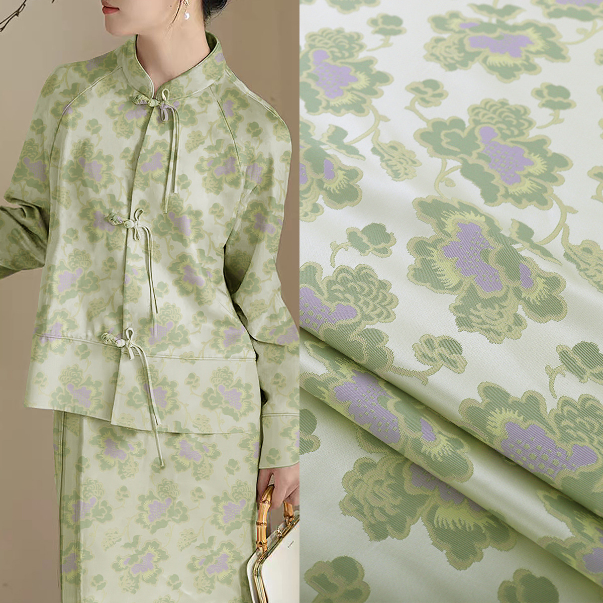 《fs105牡丹花》国风仿宋锦马甲旗袍提花面料提花织锦缎服装布料