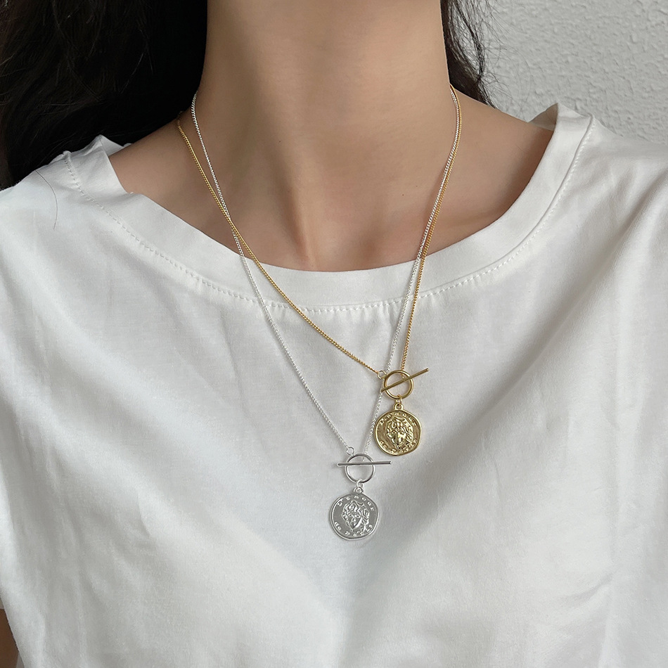 925纯银项链女头像吊坠链简约日韩圆形欧美设计毛衣链脖子饰品
