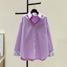 紫色拼接条纹polo领衬衫女春2024新款宽松休闲长袖衬衣设计感小众