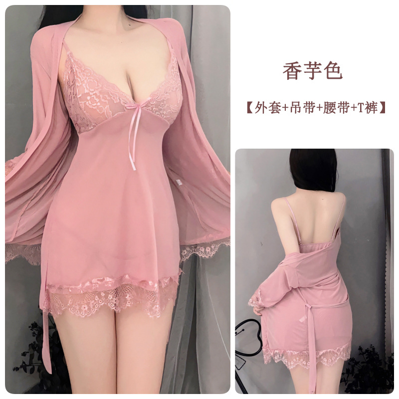 plus Size Sexy Lingerie Deep V Strap Night Skirt Suit Sexy Transparent Pajamas Uniform Temptation Three-Piece Set Wholesale