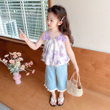 女童紫色蝴蝶结套装2024新款洋气时髦中小童可爱甜美夏装两件套装