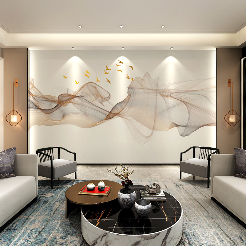 电视背景墙壁纸2021年新款中式客厅抽象山水线条沙发壁画卧室墙布
