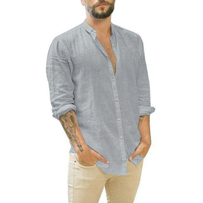 2023 Amazon Wish AliExpress European and American Men's New Linen Cardigan Solid Color Casual Stand Collar Long Sleeve Shirt