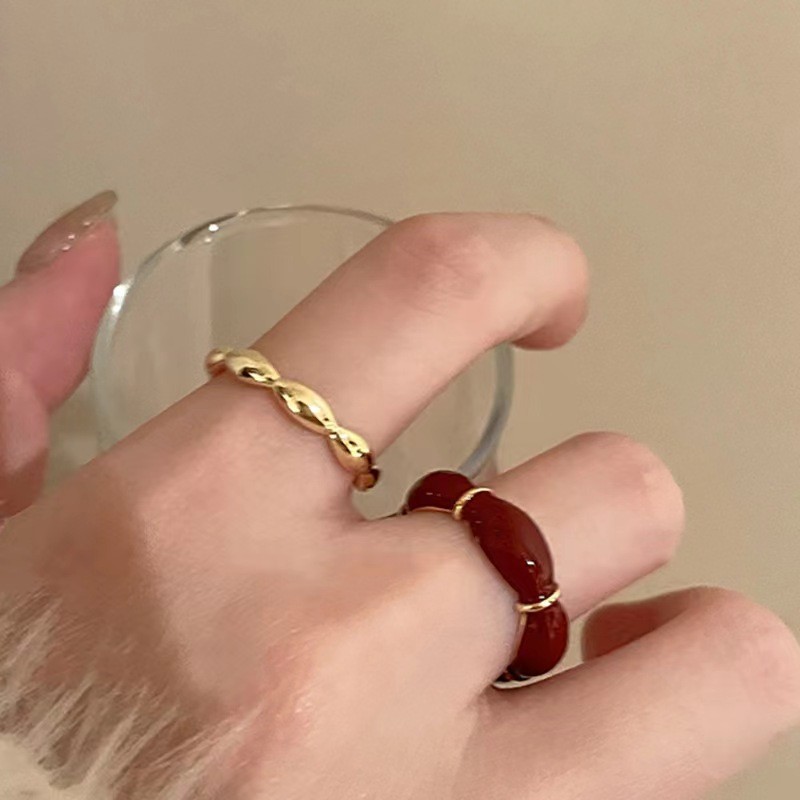 2024 New Retro Elegant High-Grade All-Match Bamboo Joint Drip Glazed Open Ring Female Minority Fashion Hong Kong Style Index Finger Ring