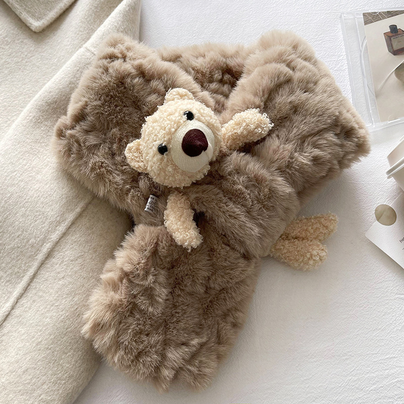 Milk Fufu Cute Little Bear Fur Scarf Winter Thickened Fleece Children Cartoon Thermal Cross Scarf Girl