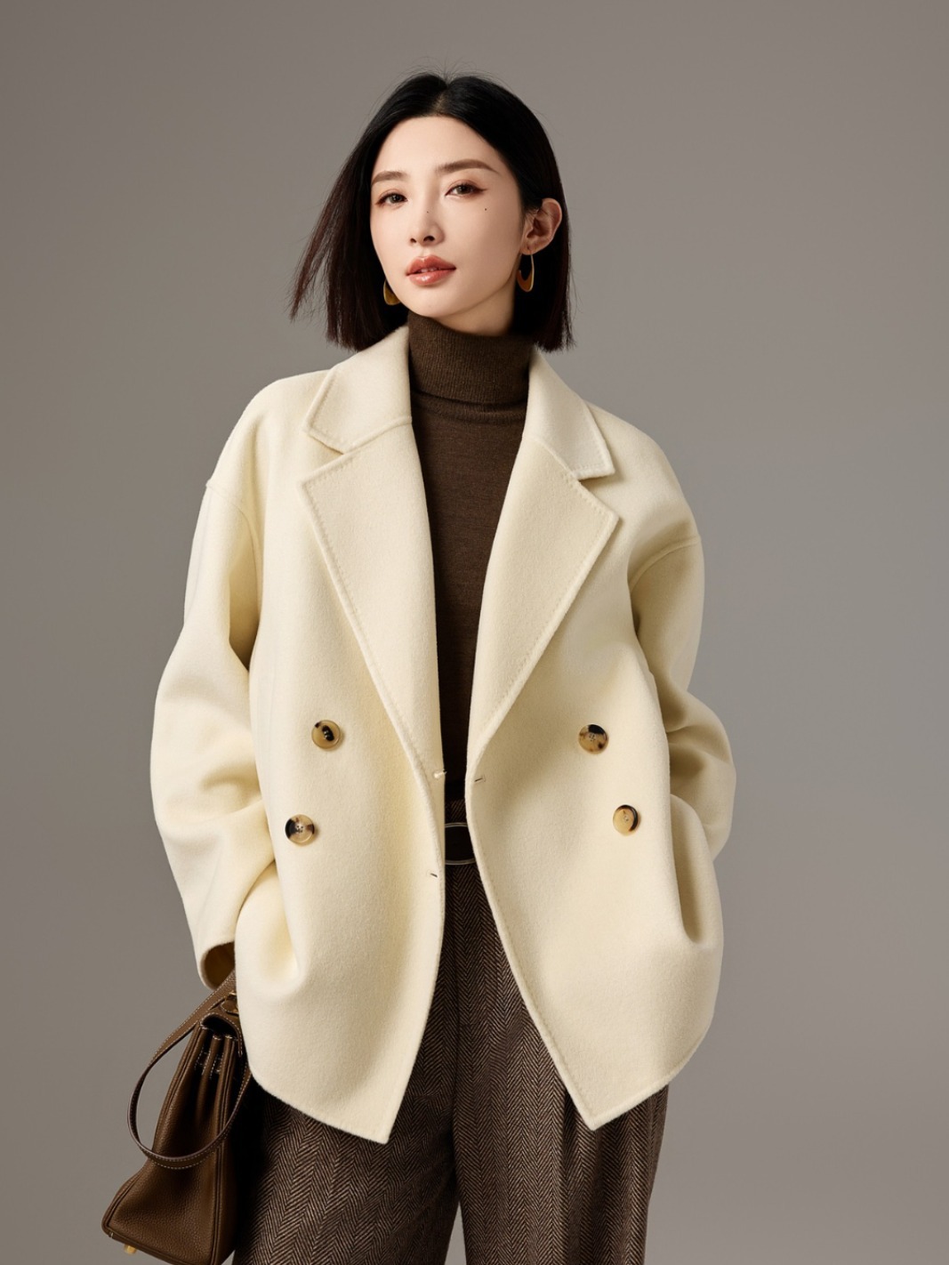 50 Cashmere 50 Wool Delicate and Comfortable Reversible Cashmere Coat Women's High Sense Loose Wool Coat Short Women's