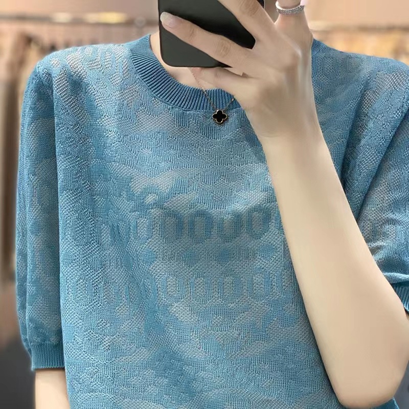 欧根纱圆领短袖女2023夏季新款镂空气质显瘦小众设计感半袖t恤
