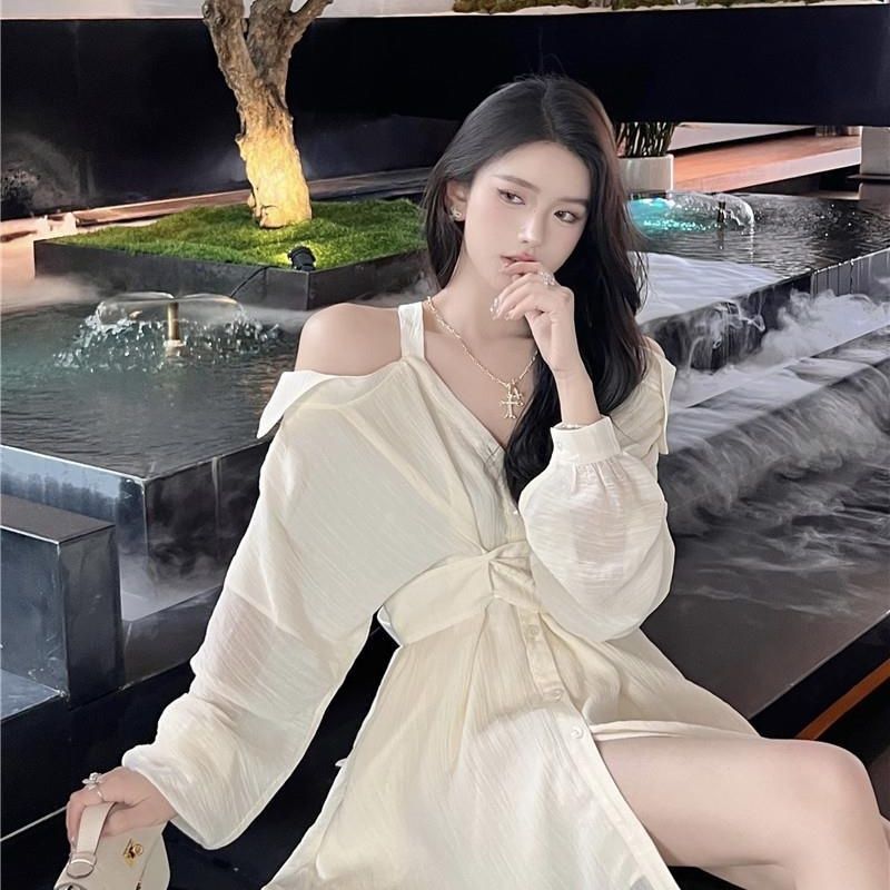 挂脖衬衫连衣裙两件套女春秋露肩气质高级感长袖设计感短裙套装