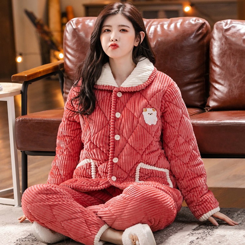 睡衣女冬季三层夹棉加厚睡衣女珊瑚绒绒秋冬天保暖棉袄家居服