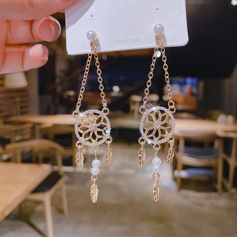 925银针韩国网红ins捕梦网树叶耳环 女韩版羽毛气质圆形耳坠耳饰