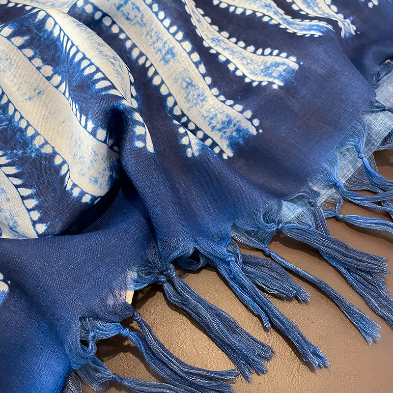Spring and Autumn Waxed Vintage Blue Scarf Women's Cotton and Linen Summer Air-Conditioning Shawl Ethnic Style Tassel Long Scarf