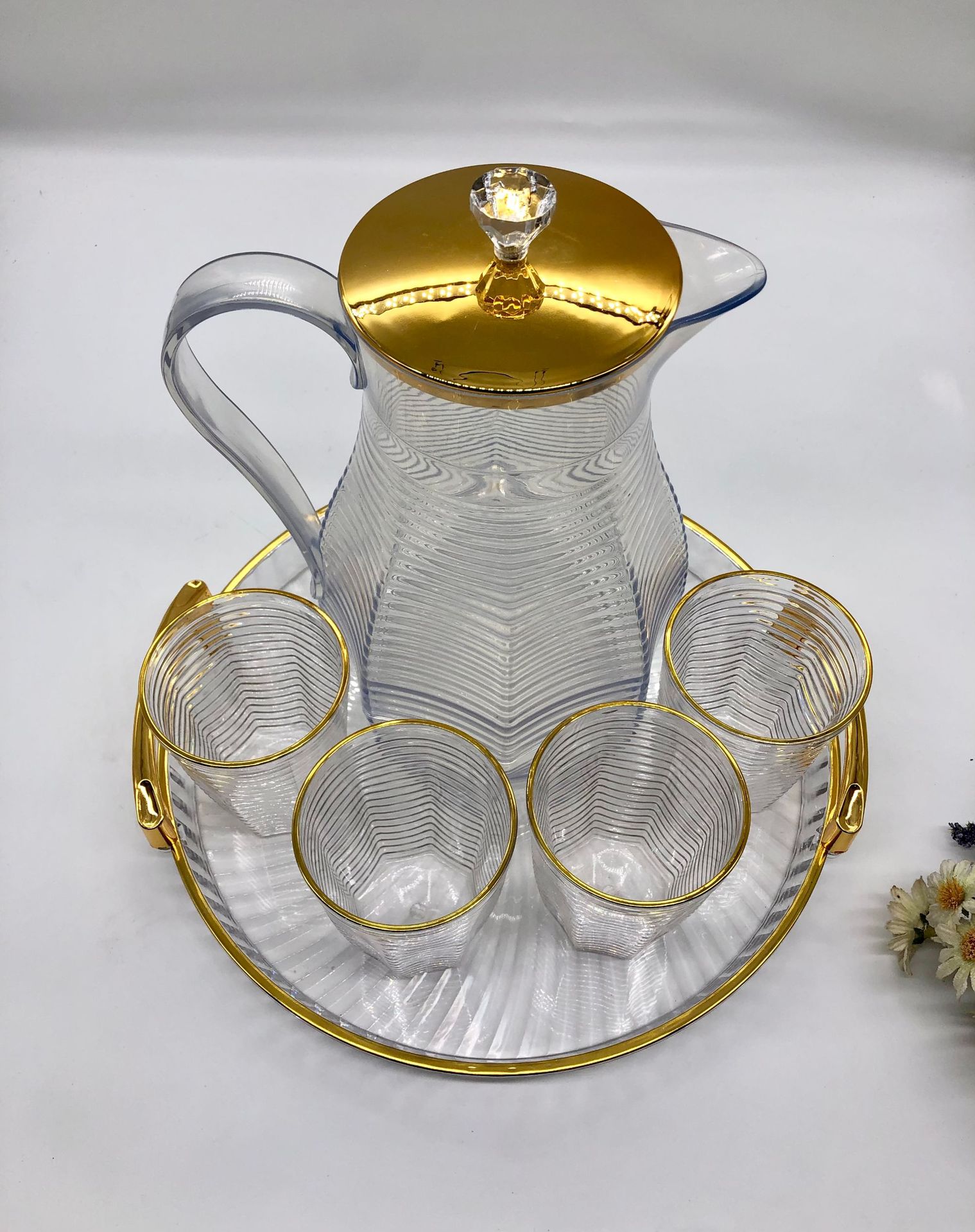 Golden Edge Pet Plastic Desktop Teapot with Lid Rhombus Cold Boiled Water Storage Teapot Set Modern Minimalist Small Teacup