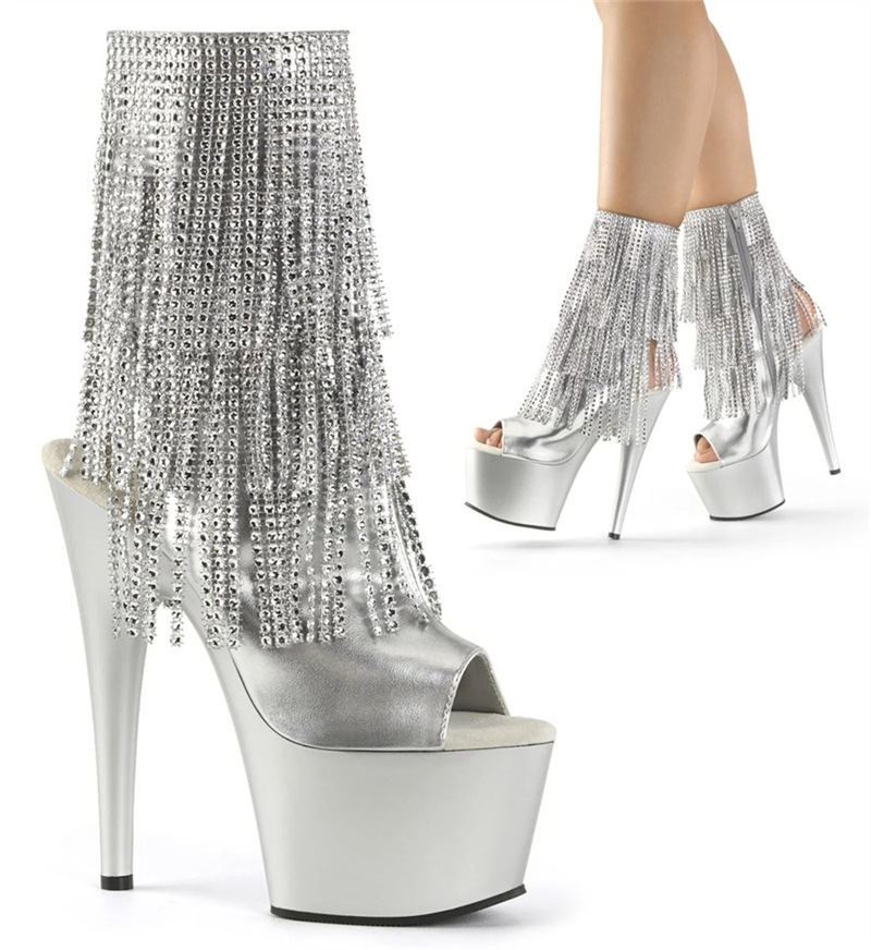 t台模特演出鞋子侧拉链细跟圆头靴子 钢管舞走秀鞋鞋面透明恨天高