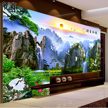 3d立体中式电视背景墙壁纸客厅风景画墙布5D壁画墙纸山水画风水画