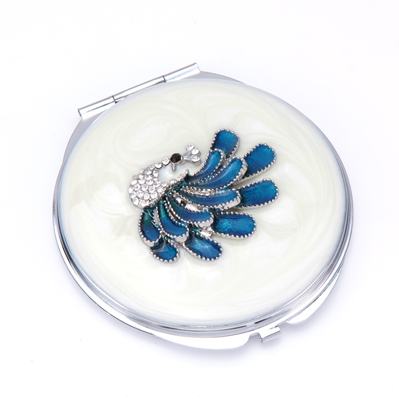 袖珍孔雀开屏象牙白珐琅画油手工镶嵌着色饰品摆件工艺品化妆镜