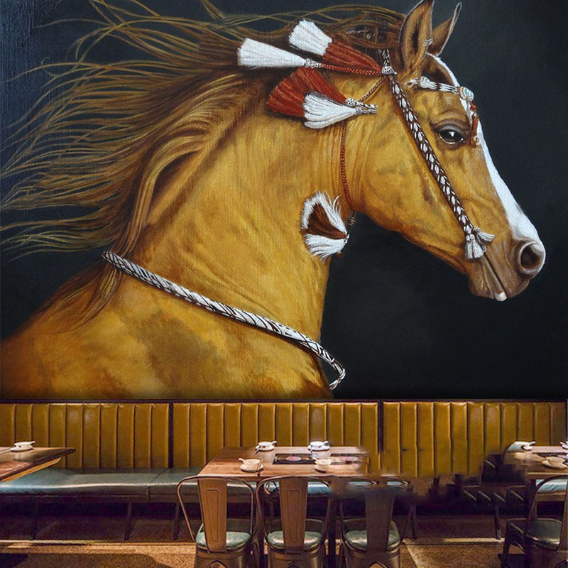 北欧马手绘壁画电视背景墙别墅民宿墙纸动物墙布无缝客厅沙发