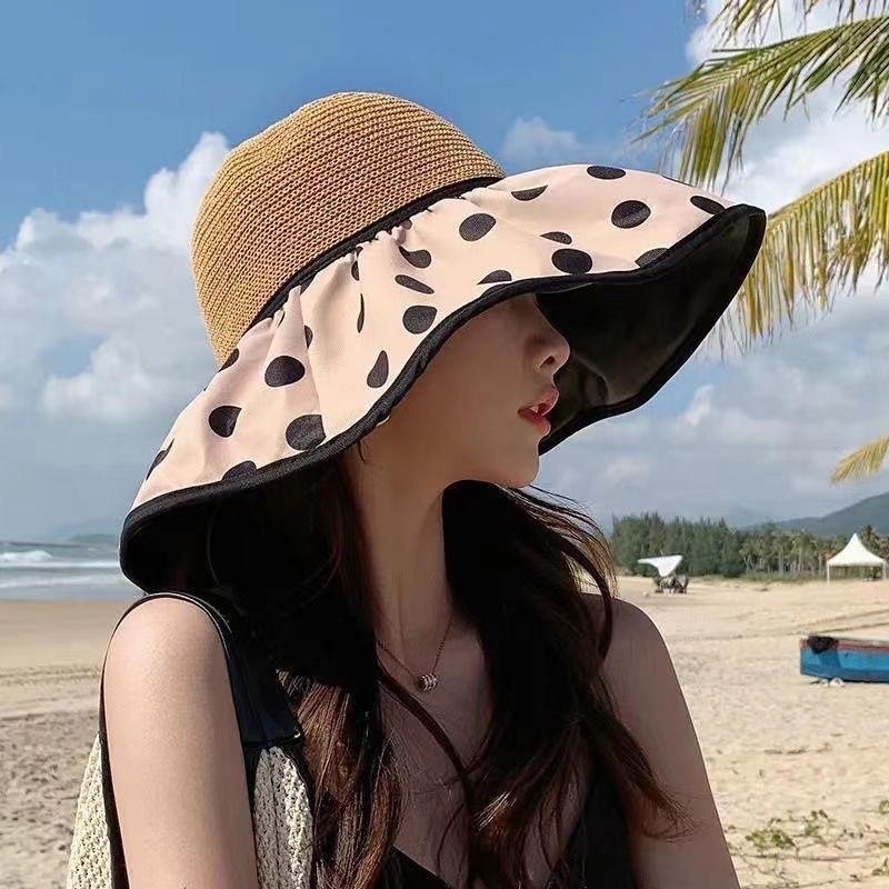 Hat Spring and Summer Female Face-Covering All-Match Sun Protection Hat Bucket Hat Polka Dot Sun Hat Girl's Cap Straw Hat Uv Protection Cover Face