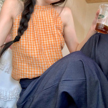 橘色格子挂脖吊带背心女2023新款宽松小个子夏季内搭外穿休闲上衣