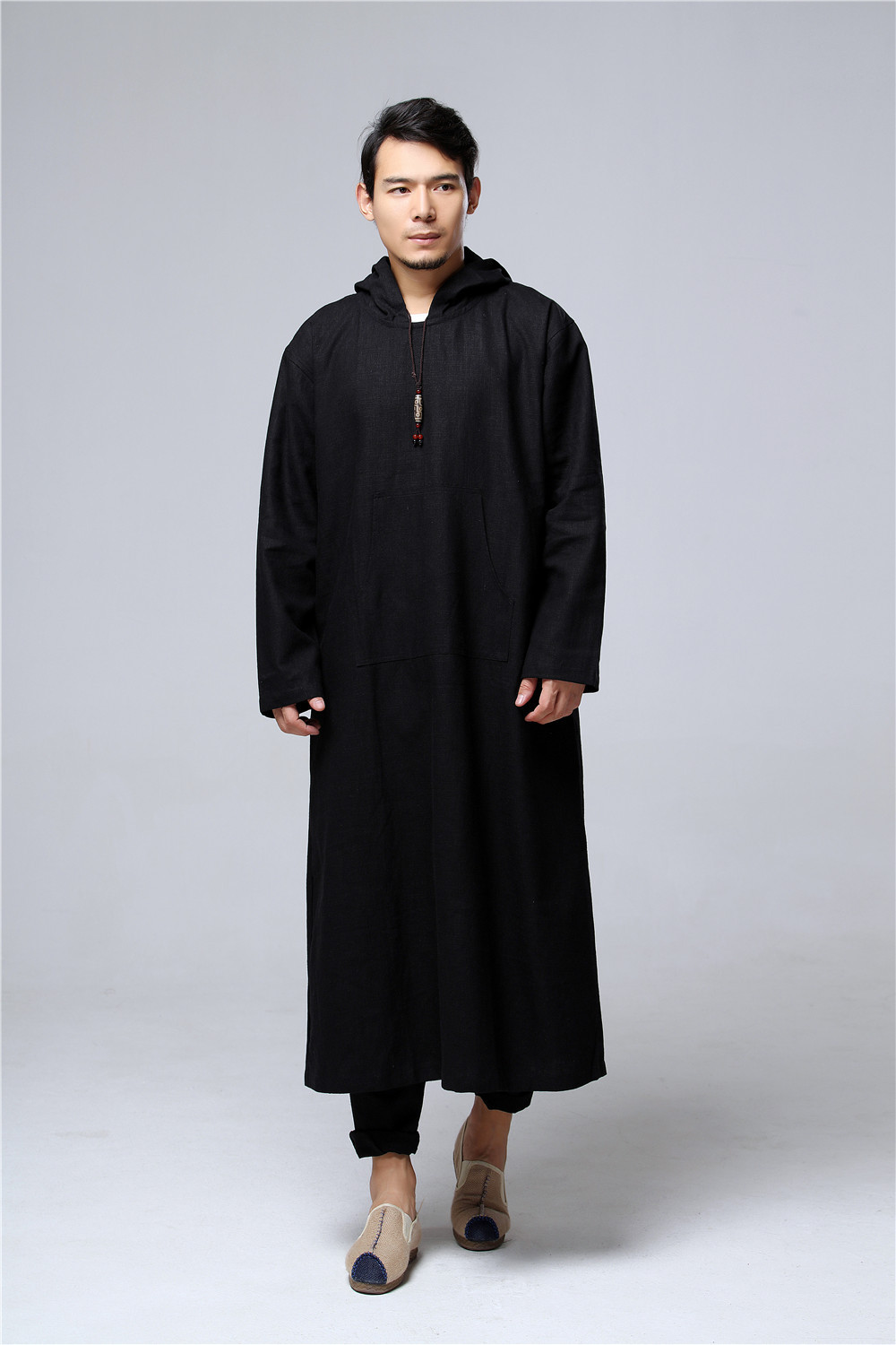 麻凡新品 茶禅服 长袍 休闲棉麻文艺长款戴帽长衫中国风男装