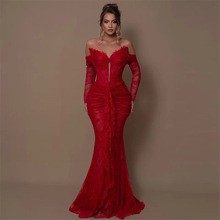 速卖通时尚红色网纱长袖性感抹胸褶皱蕾丝修身及地连衣裙晚礼服