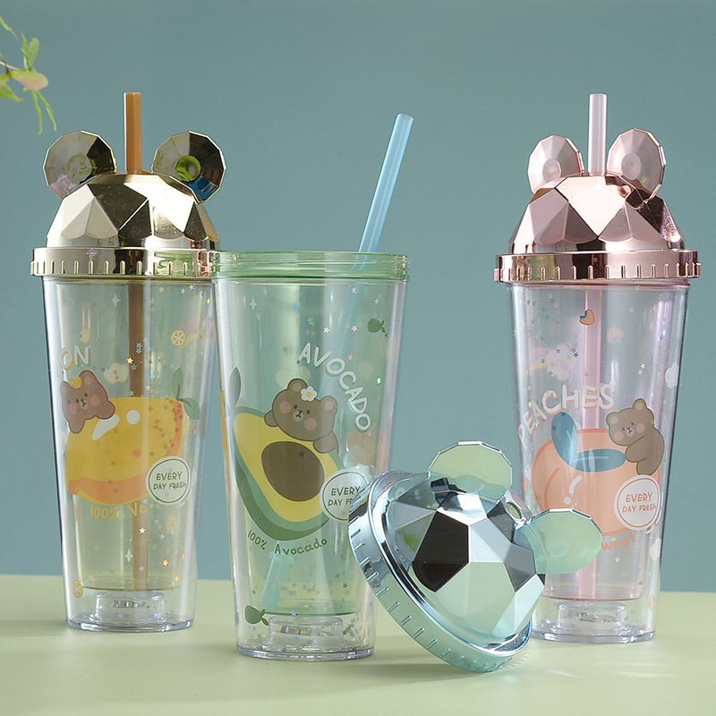 Creative New Cartoon Double Plastic Straw Cup Mickey Headwear Sequins with Lights Student Portable Summer Cute Water Cup