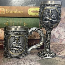 骑士不锈钢高脚杯复古啤酒杯威士忌杯创意浮雕树脂装饰品个性杯子
