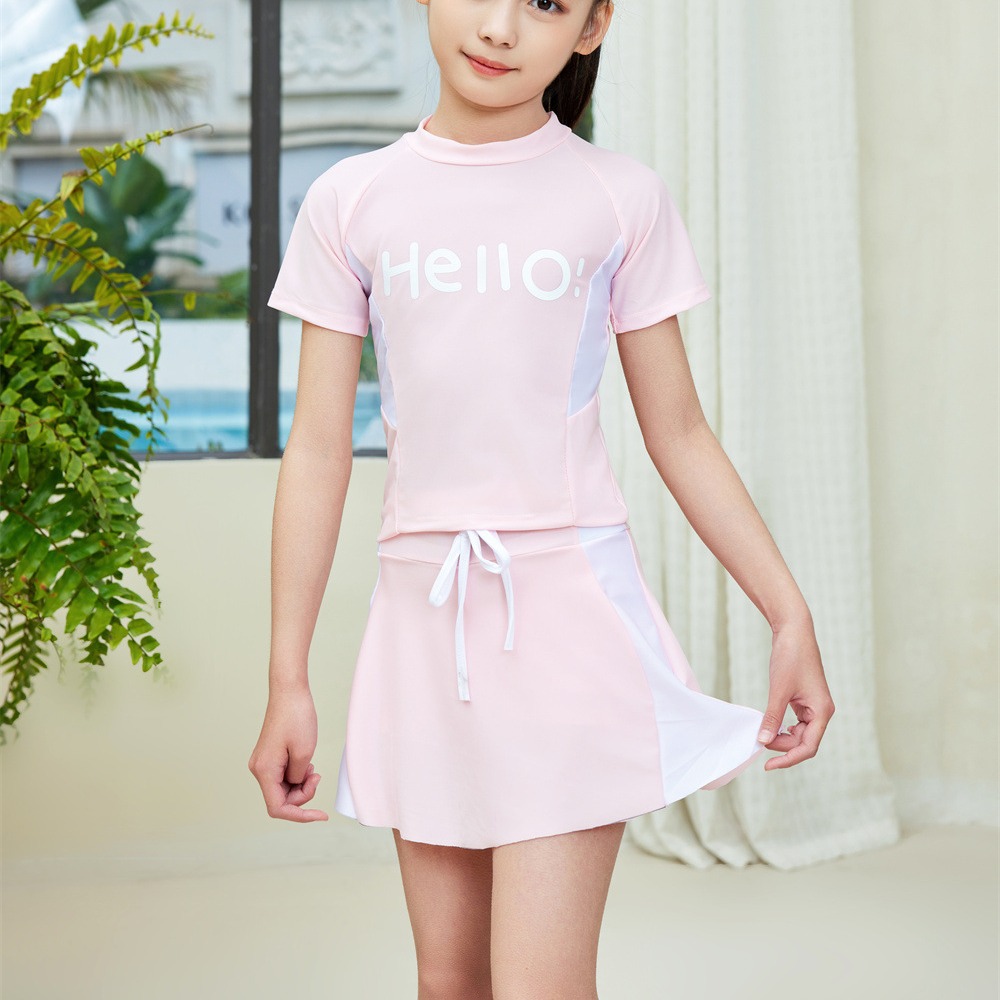 韩版女童新款hello分体裙式泳衣小清新速干泳衣运动款泳装批发