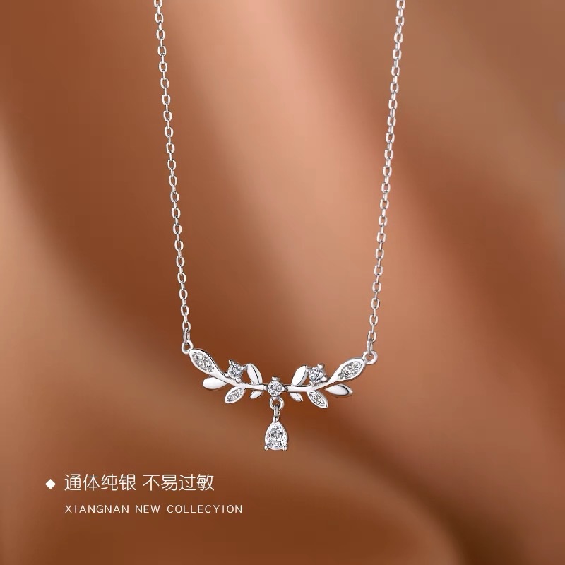 Laurel Goddess S999 Pure Silver Wheat Necklace Women's Light Luxury Cold Style Clavicle Chain Diamond-Embedded Sterling Silver Necklace Wholesale
