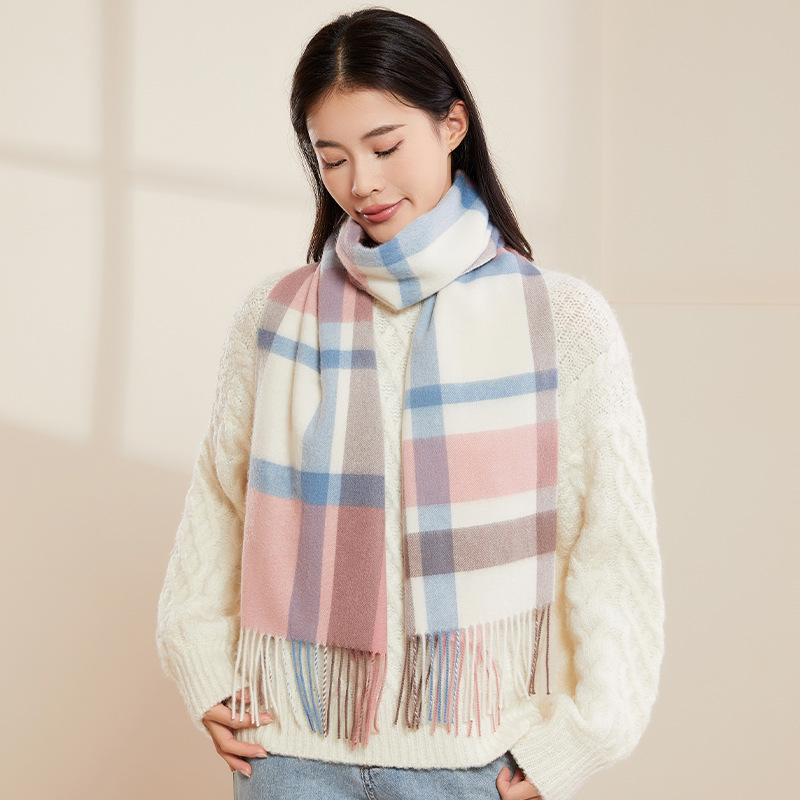 2023 New Pure Wool Scarf Women's Autumn and Winter Warm Scarf Thick Fashion Versatile Korean Style Fresh Plaid Scarf