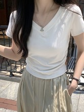 小心机V领正肩短袖女上衣夏季美式辣妹收腰抽褶显瘦百搭灰色t恤潮