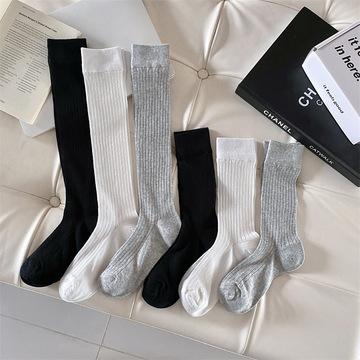 袜子女夏季超薄竖条纯色中筒袜小腿袜ins潮日系黑白灰芭蕾风走秀