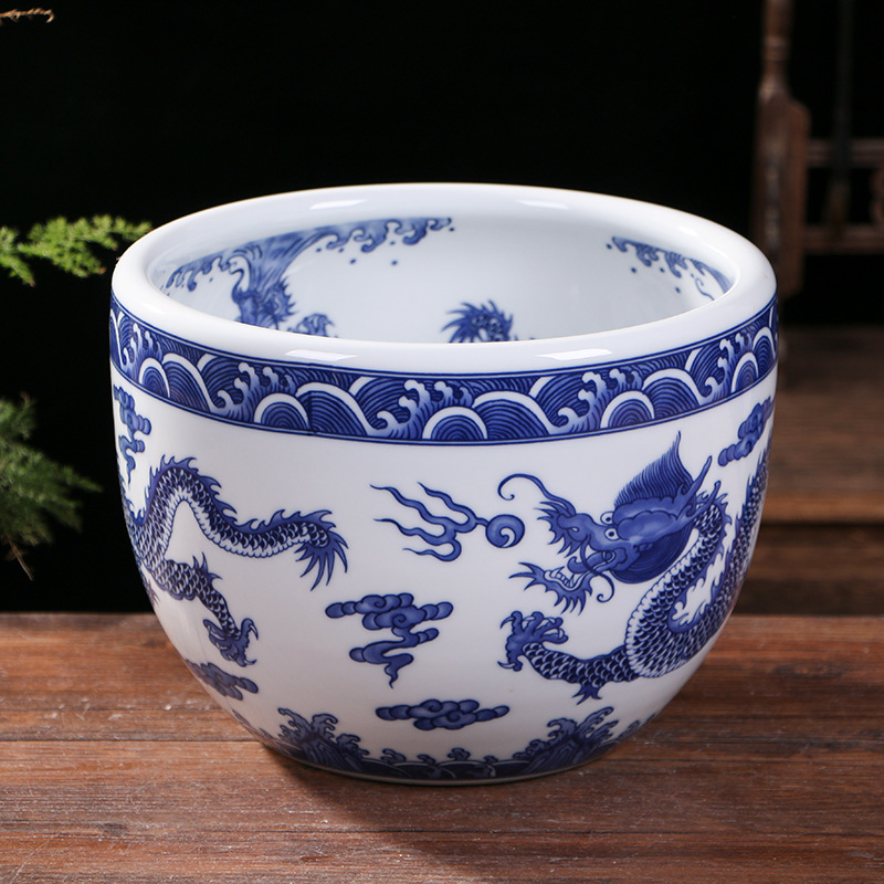 青花龙纹龙珠缸 景德镇中式仿古聚宝盆 客厅家居瓷器摆件工艺品