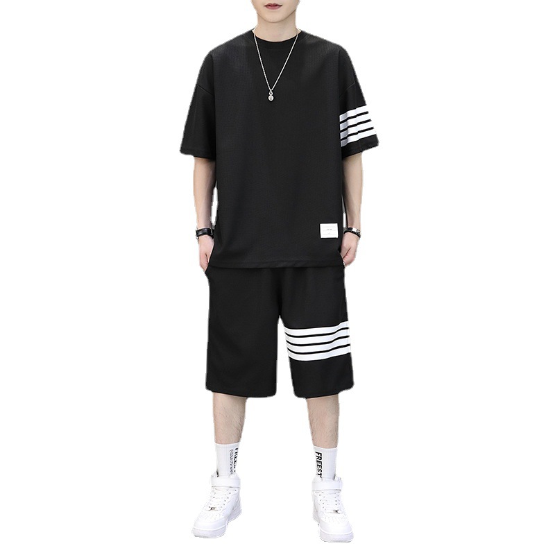 TB Sports Suit Men's Waffle Summer Short Sleeve Shorts Four Bars Crew Neck Casual Suit Two-Piece Breathable