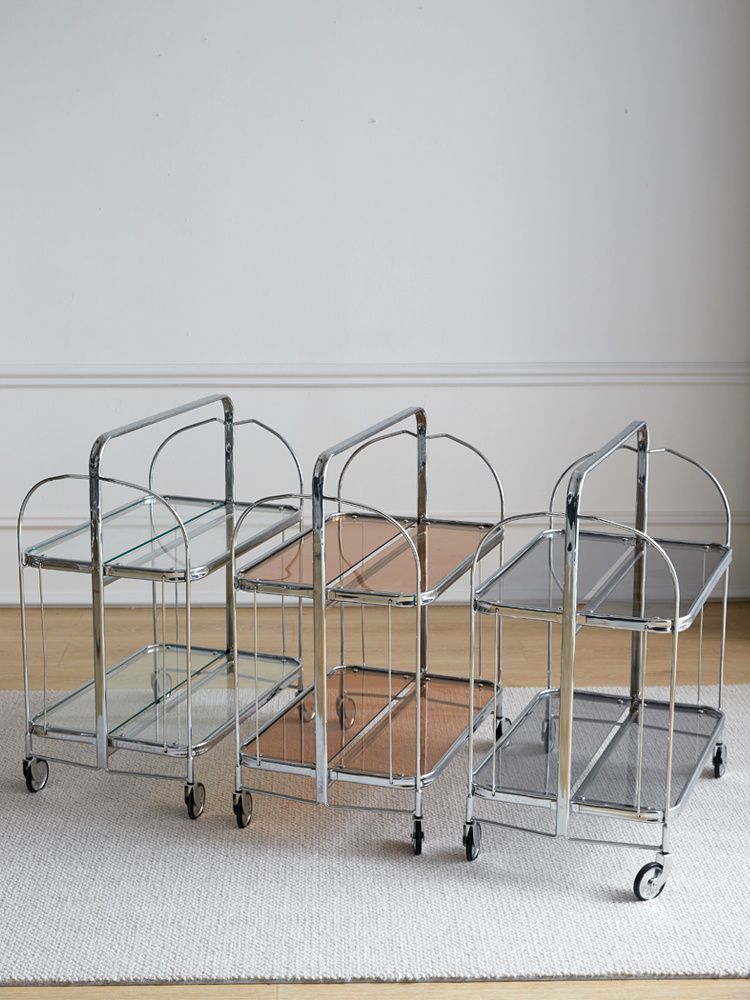 中古风钢化玻璃小推车折叠移动边几客厅透明茶几不锈钢置物架