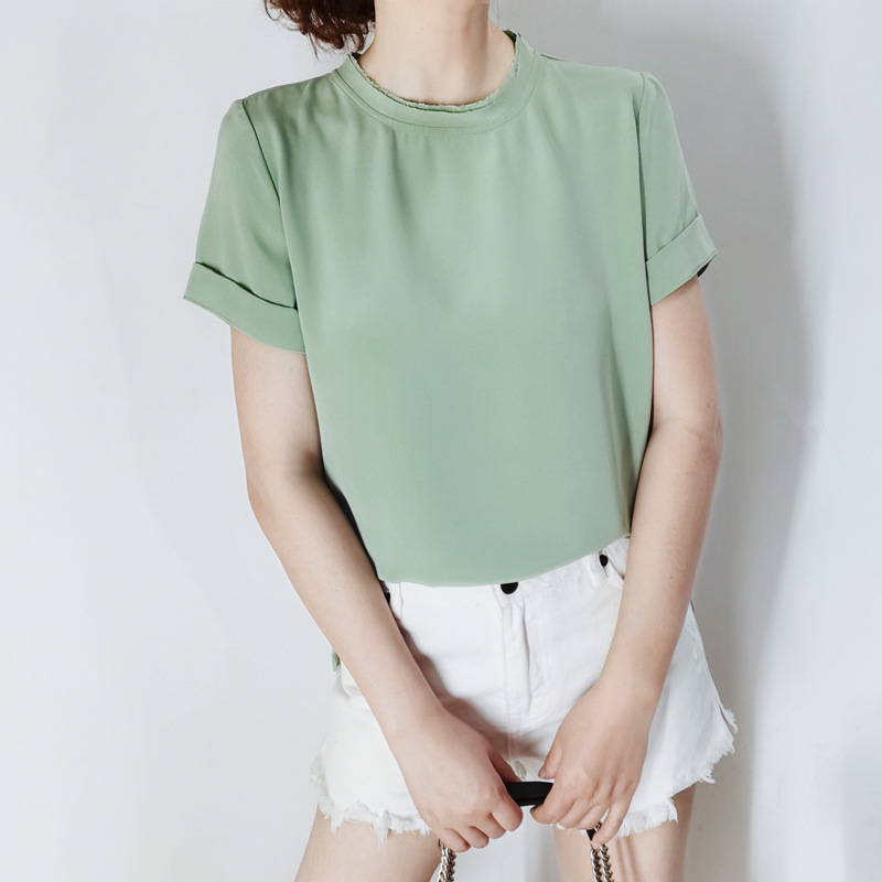 22夏休闲20mm重磅砂洗真丝圆领套头衬衫女 短袖桑蚕丝t恤雾霾绿