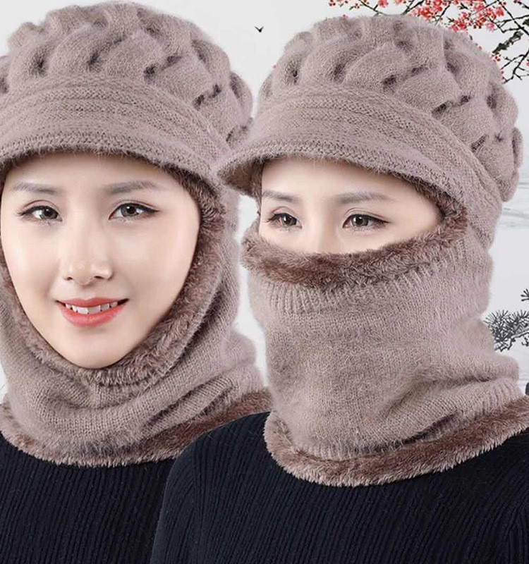 老人冬季针织围巾帽子一体骑车套头防风帽女妈妈防寒头套冬天保暖